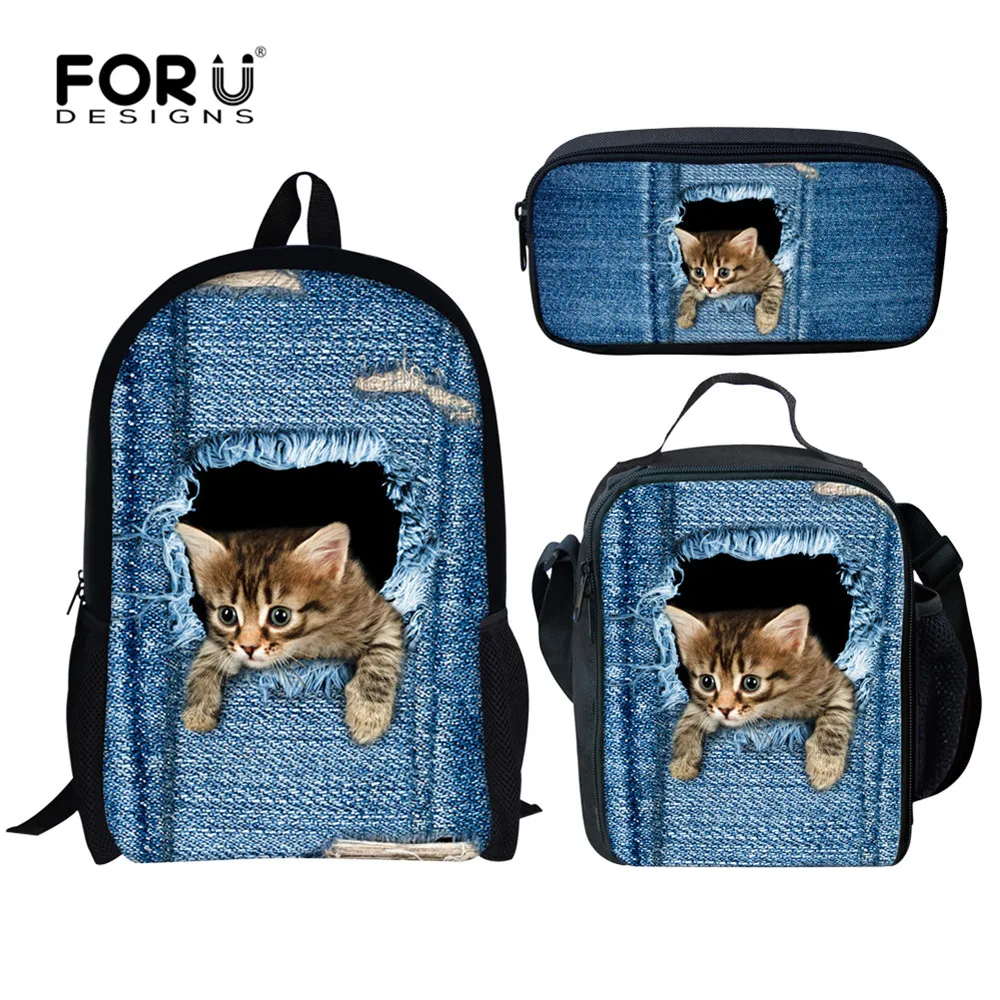 

FORUDESIGNS Denim Cute Animal Cat Dog Print School Bags for Teen Girls Jeans Style Children's Backpack 3PCS/Set Student Bookbags