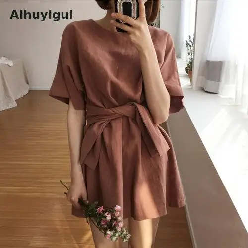 

Aihuyigui 2019 Summer New Solid Lace-up Mini Dress Women O Neck Half Sleeves Slim Straight Casual Dress Mujer Vestidos Ru140