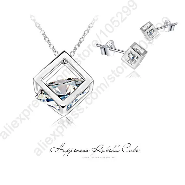 

JEXXI Super Shiny Happiness Rubik Cube Real Pure 925 Sterling Silver Jewelry Cubic Zirconia Pendant Necklace Stud Earrings Sets