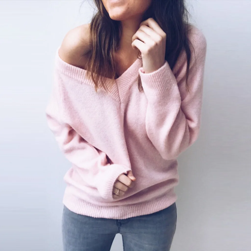

Women Sweaters Autumn Fashion Solid V-Neck Long Sleeve Sweaters Loose Knitted Sweaters Pullovers Female Jumper Tricot Tops