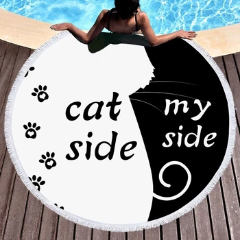 

Funny Dog Cat and My Side Beach Towel With Tassel Round Microfiber Beach Towels for Living Room Home Decor Yoga Mat Bath Towel