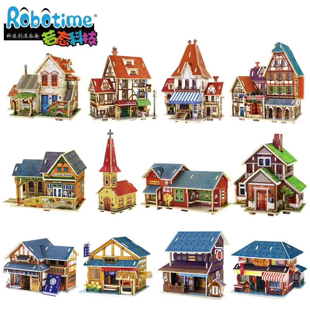 

Beaty World Building Puzzle 3D DIY Wooden Norway Construction Puzzle Norway Railway Station Church Shop Folk House Model