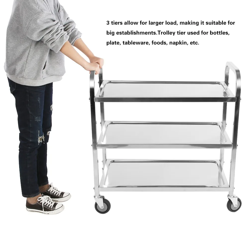 

Stainless Steel Large 3 Tier Hotel Catering Trolley Restaurant Cart Serving Clearing with Brake Hand Tools 100Kg Bearing/Layer