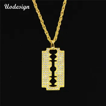 

Uodesign Razor Blade Necklace Hip Hop Gold Color Mens Iced Out Rhinestone Pendant Necklace With Free Chain
