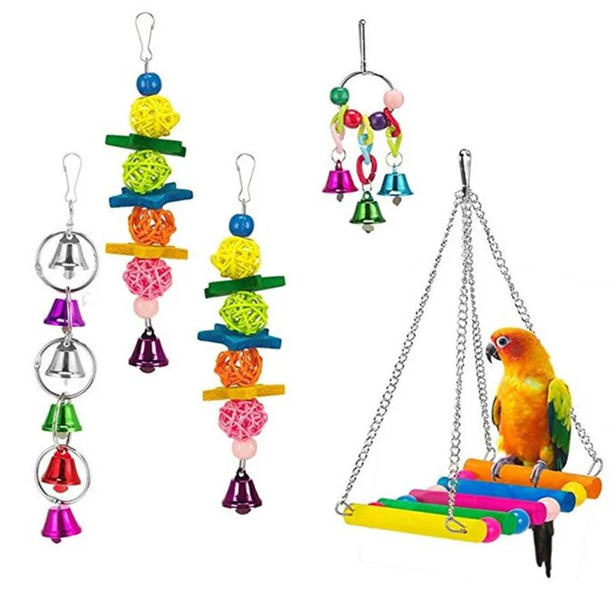 New 5PCS Colorful Wood Pet Parrot Bird Toy Parrot Bird Toy Set Swing Bells Hanging Bridge Wooden