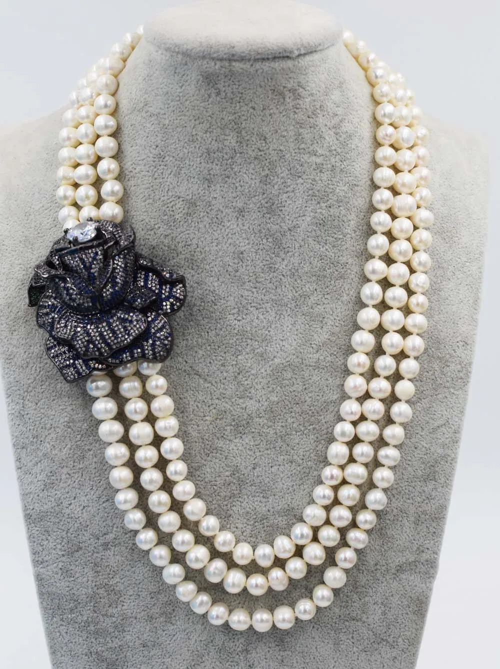 3rows freshwater pearl necklace white round 8 9mm wholesale blue flower