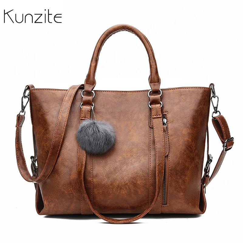

Kunzite Women's Handbags Vintage Leather Shoulder Bag Bolsos Famous Brand Ladies Hand Bag Retro Large Casual Tote With Hair Ball