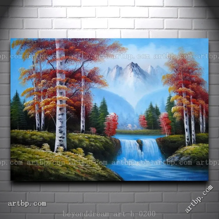 Pequeño paisaje de la cascada en otoño pintura al óleo naturalismo