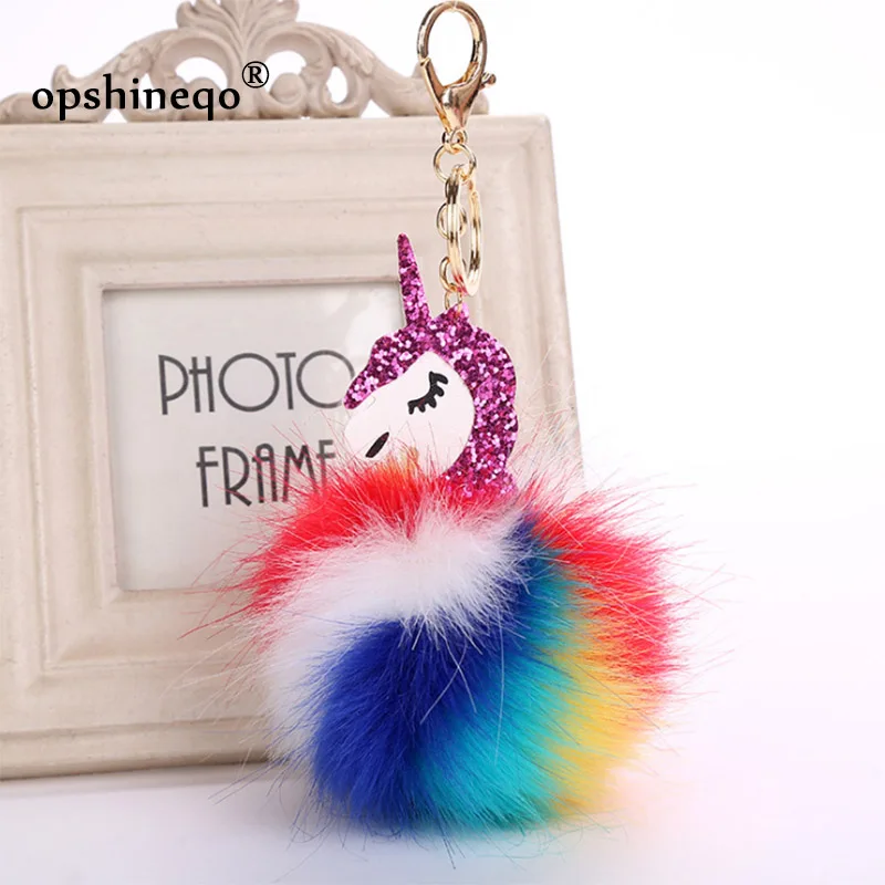 

2018 Unicorn pompom Keychain faux Rabbit colorful fur ball licorne key chain Horse porte clef pompon Bag Car Keyring Key holder