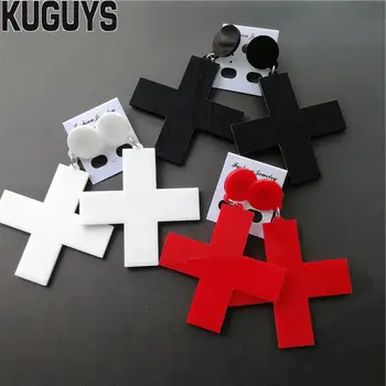 KUGUYS Fashion Jewelry Oorbellen Acrylic Red White Black Cross Earrings for Women Pendientes Trendy Drop Earring DJ DS Brincos