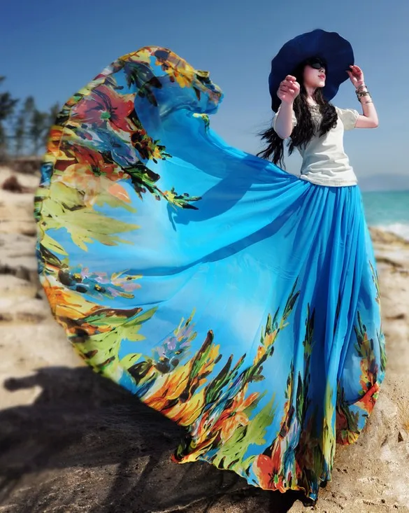 Летняя женская синяя шифоновая юбка с цветочным принтом богемные Напольные Длинные юбки