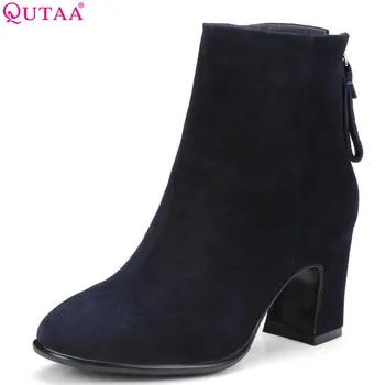 

QUTAA 2019 Women Ankle Boots Cow Suede All Match Zipper Winter Shoes Platform Elegant Women Motorcycle Boots Big Size 34-39