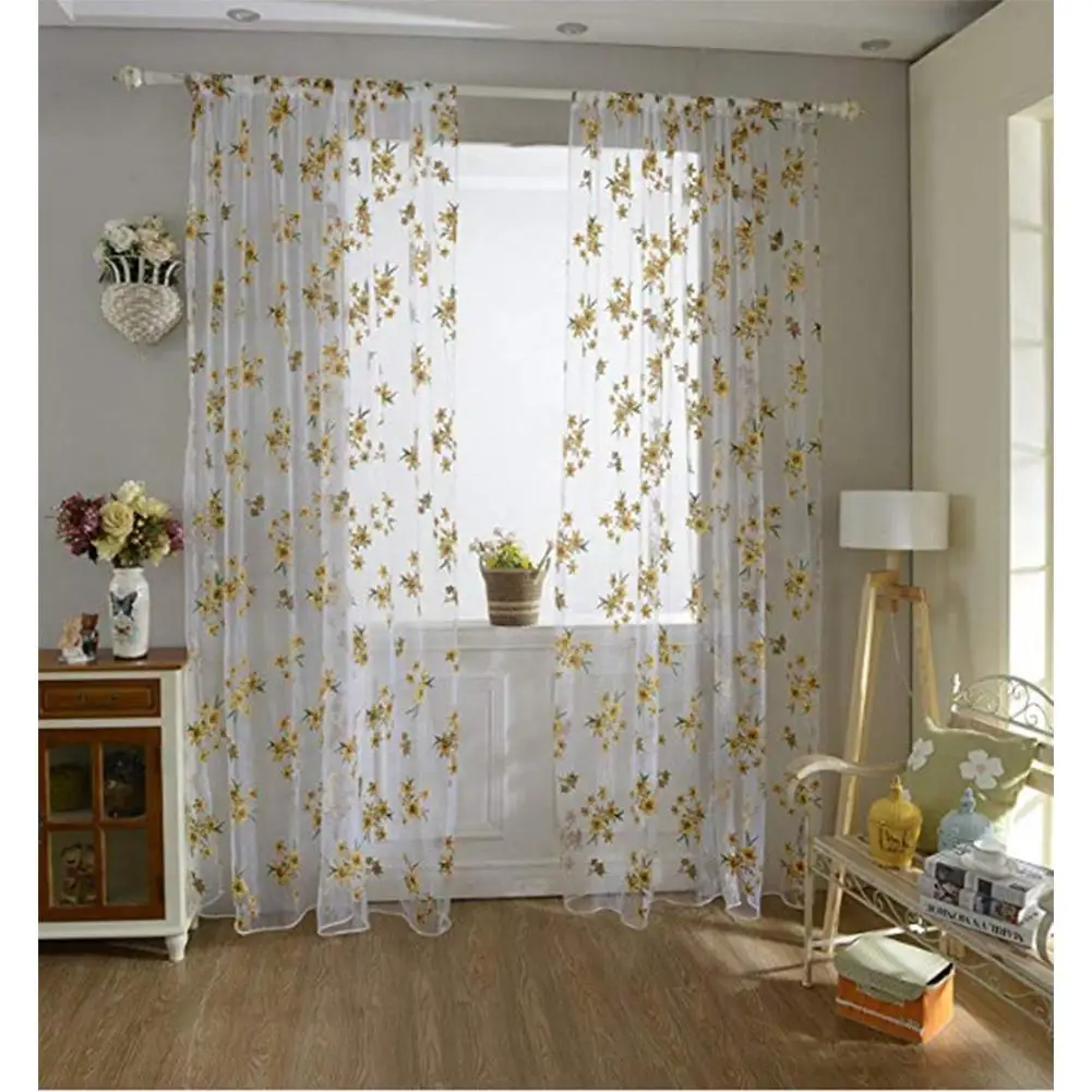 

TPFOCUS 100x200cm Modern Curtains Transparent Tulle Curtains Yellow Flowers Pattern Printing Pole Type Tulle Window Curtain