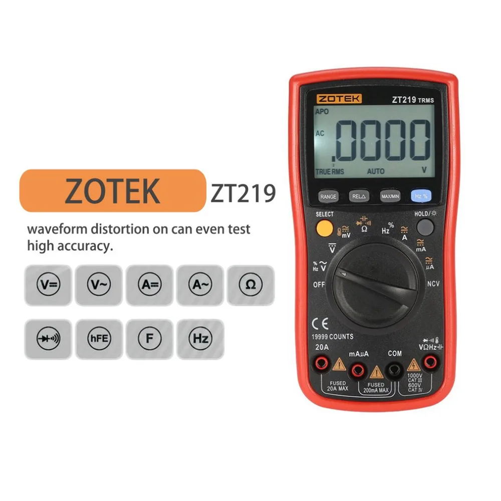 

ZOTEK ZT219 19999 Counts True-RMS Auto Range Digital Multimeter AC/DC Voltage Current Voltmeter Capacitance Ohm Diode Meter