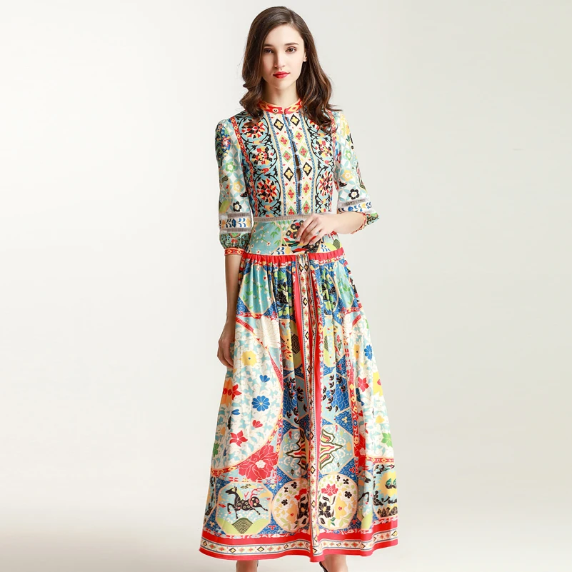 

2019 new designer runway Maxi dress Women Three Quarter Sleeve Button Vintage Hollow Out Pattern Print Elegant Long Dress