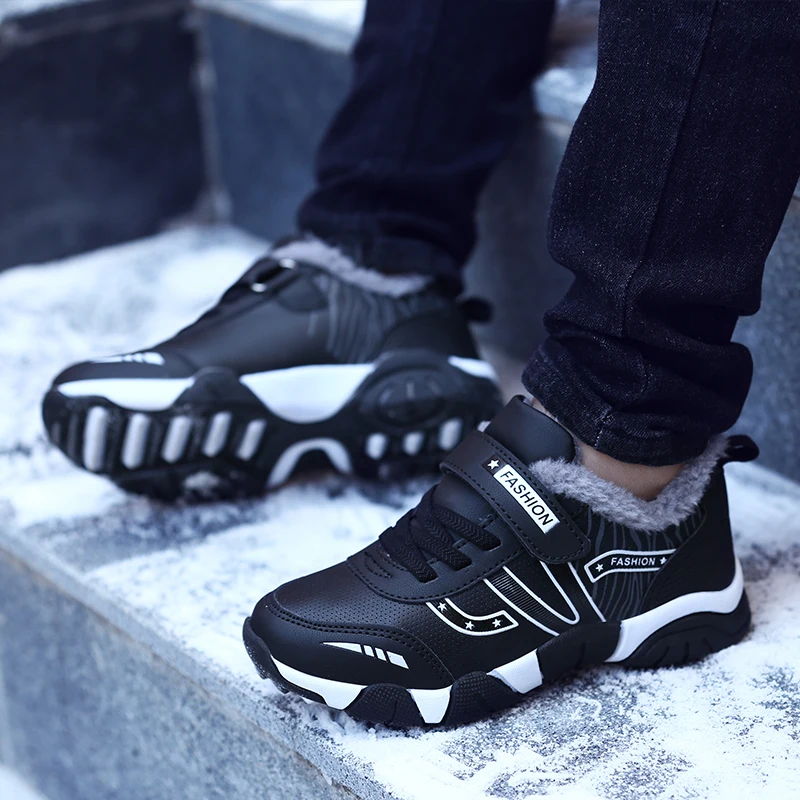 Зимние теплые кожаные Нескользящие Детские кроссовки Резиновые мальчики кроссовки черный открытый детская обувь для ходьбы Открытый Run