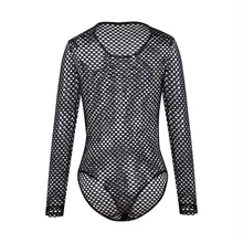 Women Bodysuits Long Sleeve Fishnet Transparent Black