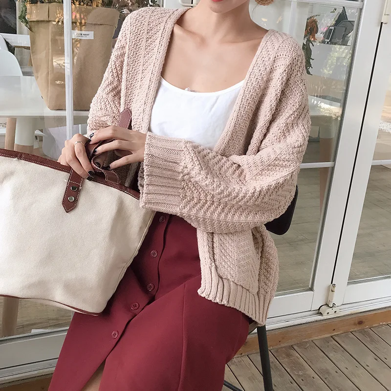 Korean Spring and Autumn New Loose Long Sleeve cardigan Mid-long sweater for female students