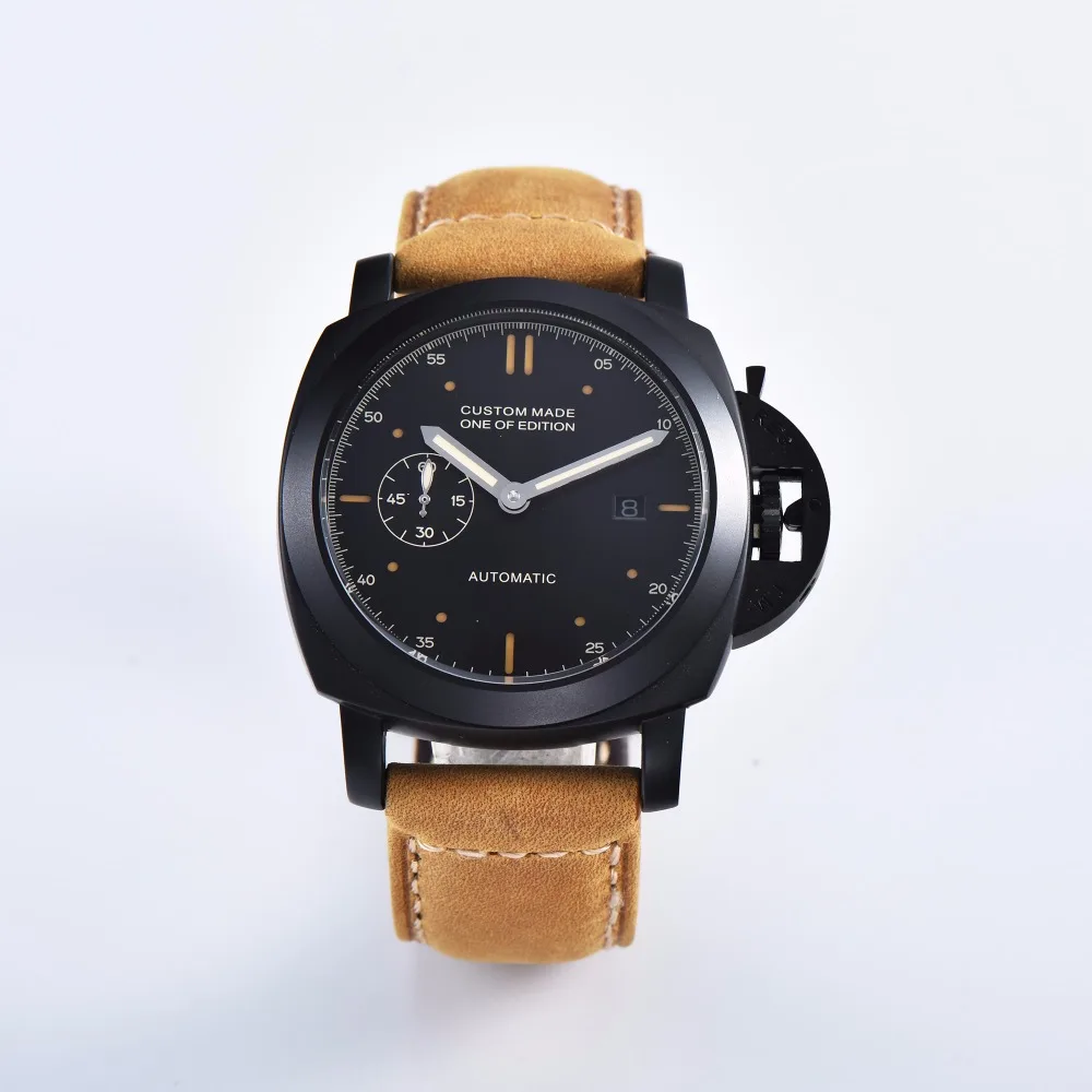 

Automatic Watch 44mm PVD Black Movement Stainless Steel Case Back Cover Transparent High Quality Leather Strap 415-2