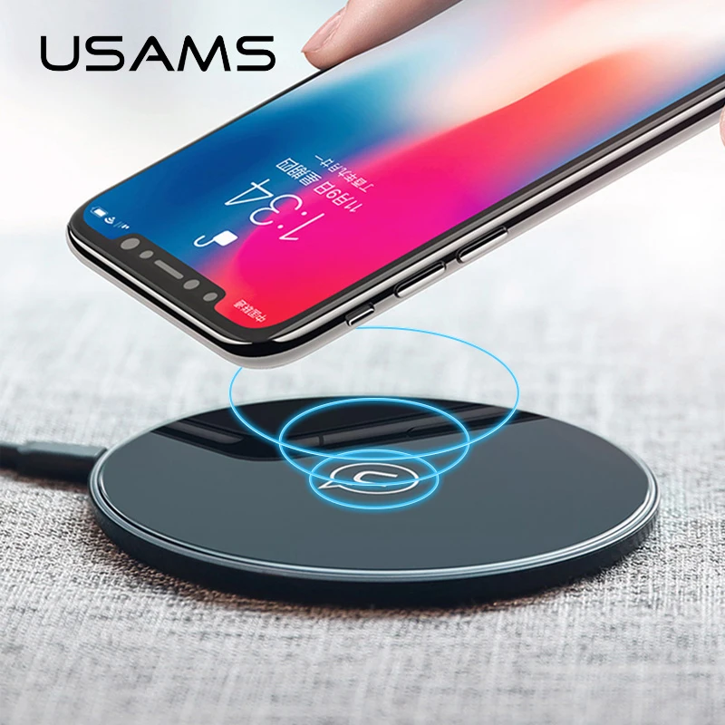 Pаспродажа USAMS Qi Беспроводное зарядное устройство для iPhone X XS Max XR 8 8 Plus 10 Вт 5V2A стекло быстрая Беспроводная зарядка для samsung S8 S9 S9 + Note 9 8