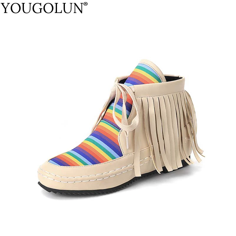 YOUGOLUN Ankle Boots 2018 New Autumn Ladies Tassel Flat Shoes Lace up Mixed Colors Brown Yellow Woman Round toe Boots #B073 Women's Shoes
