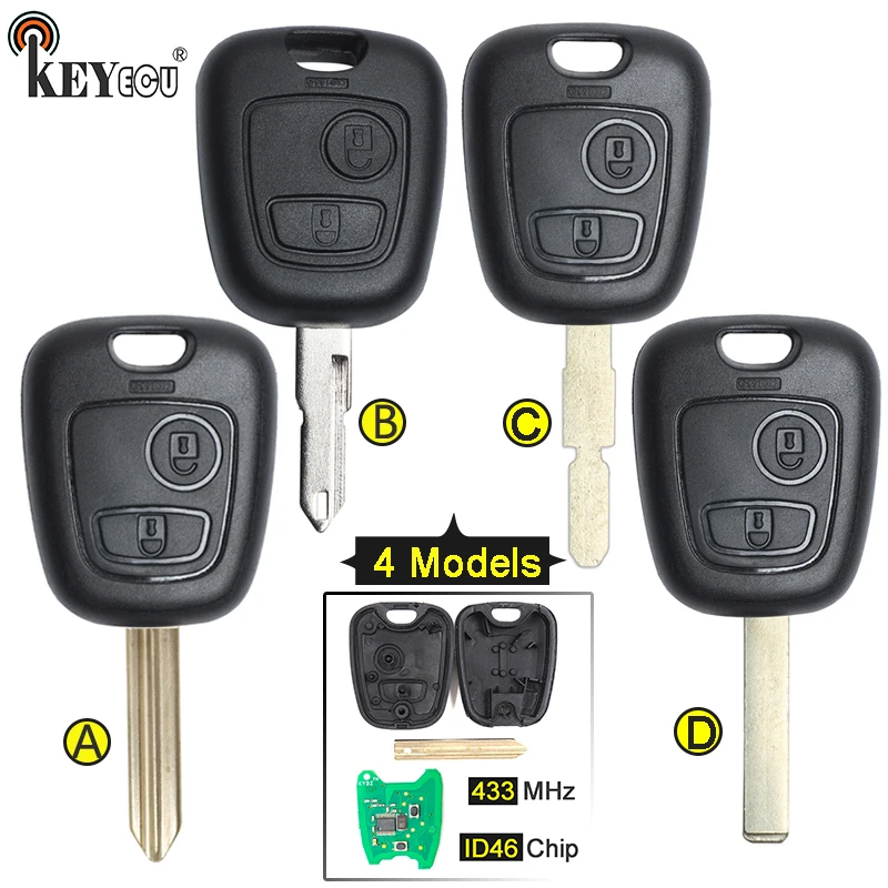 

KEYECU 433MHz ID46 Chip Replacement Remote Car Key Fob 2 Button 4 Blade for Peugeot Partner Expert Boxer SX9 206 406 307