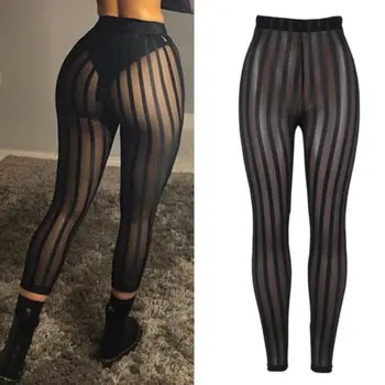 

Hirgin Hot Women's Sexy Stretchy Leggings Trousers Pants Striped Perspective Mesh Pants