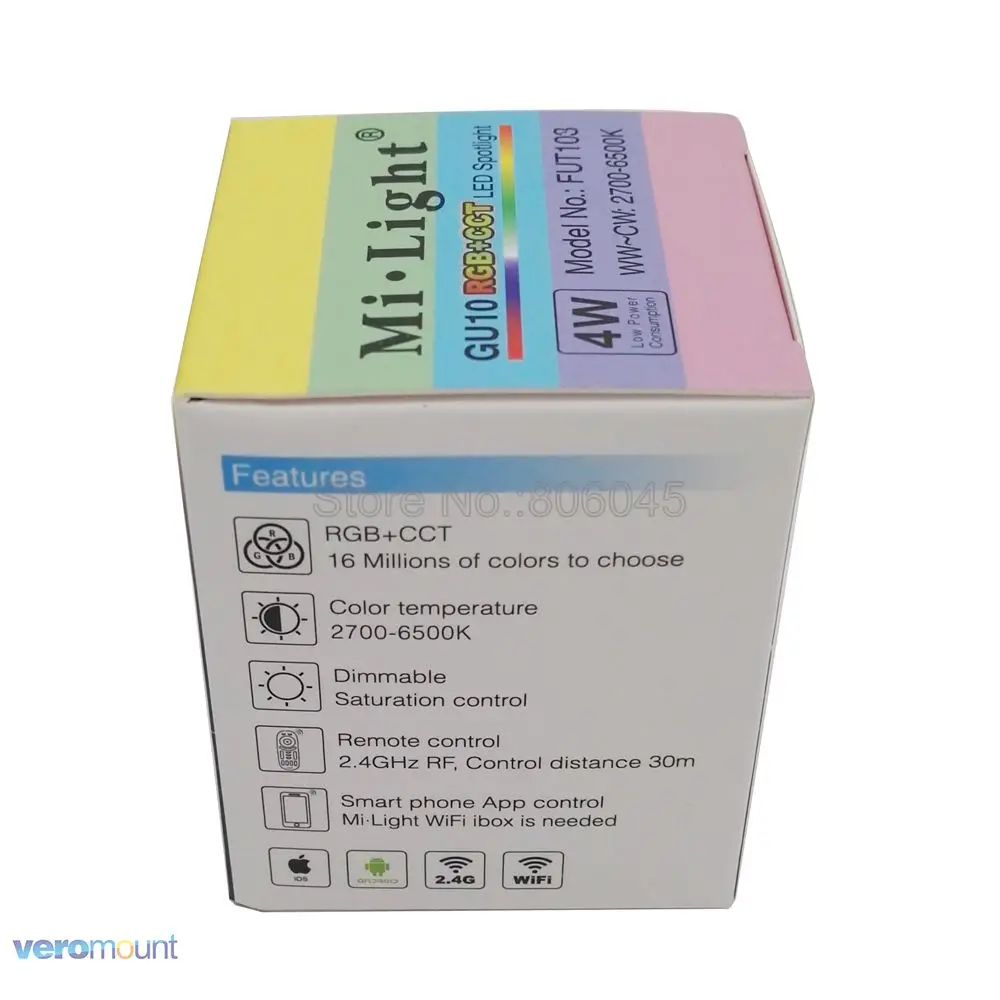  MiLight Dimmable LED Bulb 4W GU10 RGB+CCT (2700-6500K) Smart WiFi LED Spotlight FUT103 2.4G RF Wire - 4000023983801