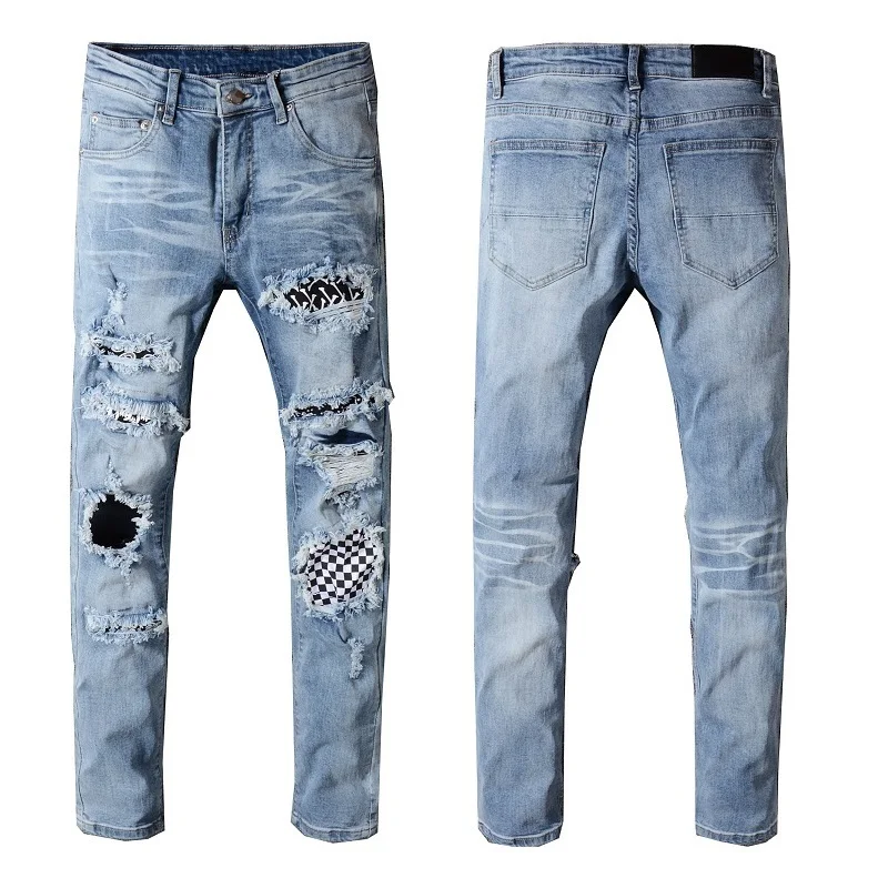 

New Italy Style #539# Men's Distressed Destroyed Pants Art Crytals Patches Skinny Washed Blue Jeans Slim Trousers Size 28-42