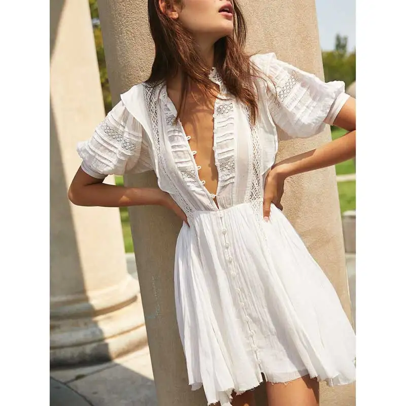 

Vintage inspired belted mini dress 2019 New Spring Summer dress white button up puffed sleeves crocheted lace dress for women