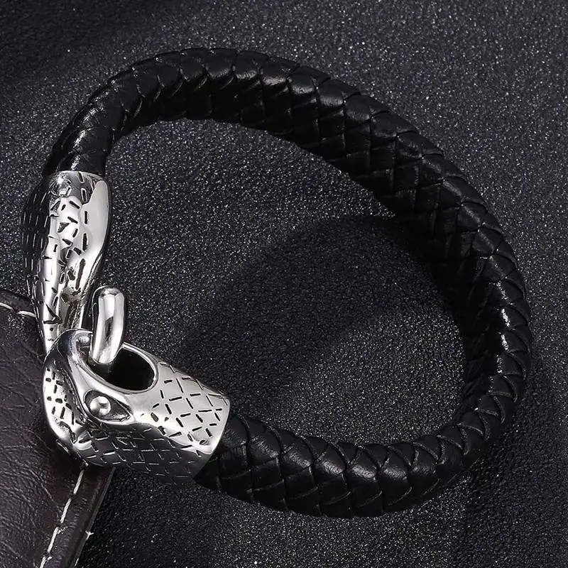 Новомодное очарование Для мужчин плетеные мужской кожаный браслет Jewelry Нержавеющая сталь форма змеи браслет панк-браслет Для мужчин подарки PW758