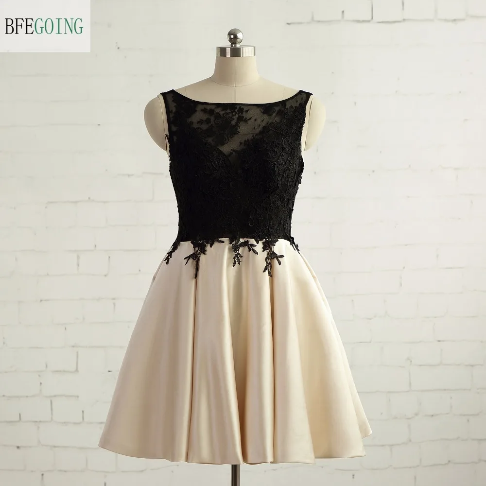 Black Lace Satin Knee Length Wedding Party Bridesmaid Dresses