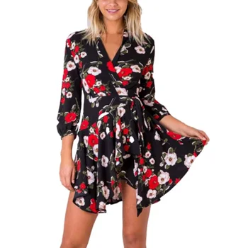 

Dress Women Summer Flower Printing V-Neck Belt Bandage Mini Vestido Loose Three Quarter Sleeve Holiday Beach Casual Dress