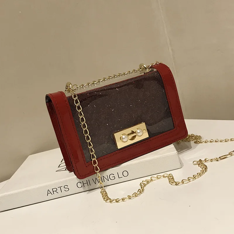 

2019 new sequinned small bag Korean version joker ladies one-shoulder cross body bag fashion PU chain transparent small square b