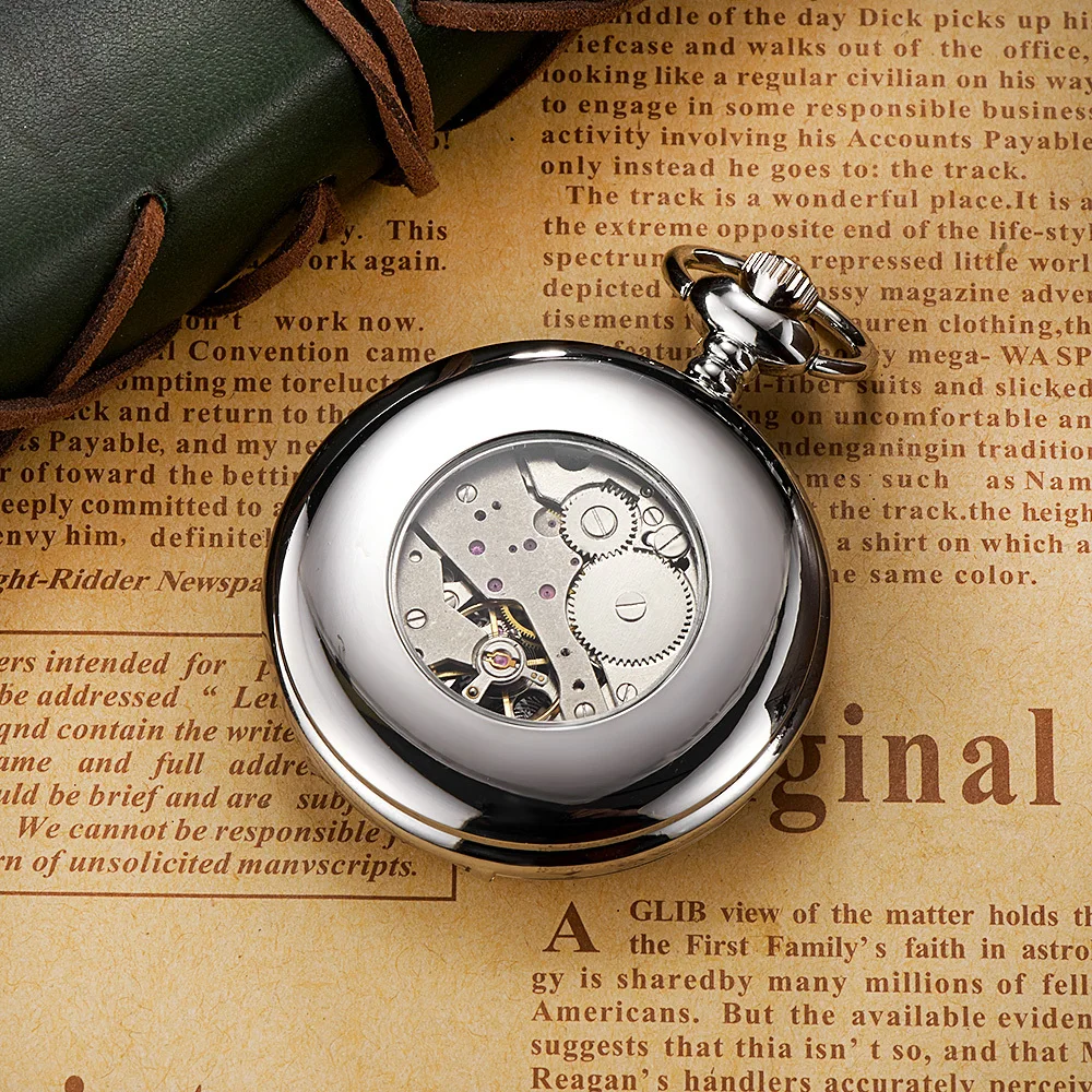 OUYAWEI Luxury Brand Mechanical Pocket Watch Men Full Steel Case Pocket Fob Watch Analog Silver White 5
