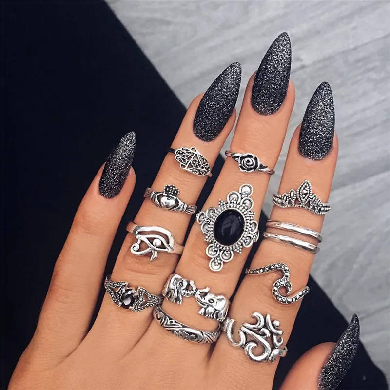 

TTLIFE 13Pcs/set Bohemian Retro Crystal Flower Leaves Hollow Lotus Gem Elephant Silver Ring Set Women Wedding Anniversary Gift