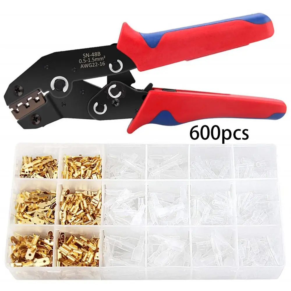 

48B Crimping Plier Set With 600Pcs Insert Spring Terminal Cold Compression Pincers Wire Connector Crimper Boxed Kit