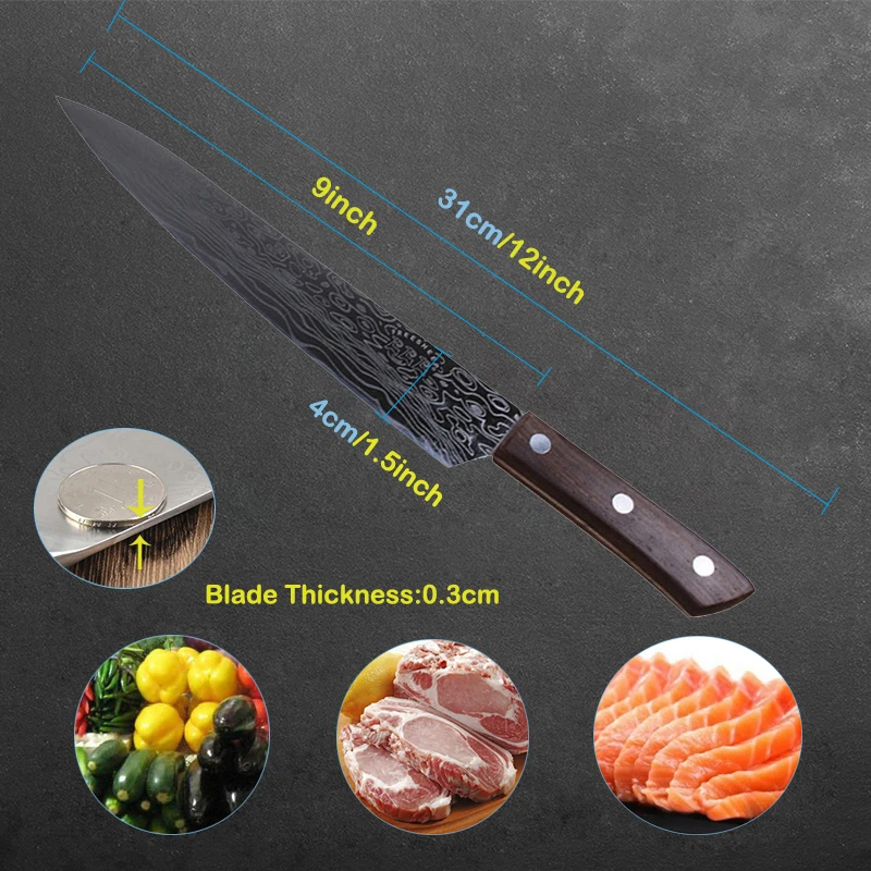 FHEAL кухонный нож поварские ножи 8 9 10 дюймов 3Cr13 высокоуглеродистая Нержавеющая сталь имитация Дамасского овощей нож сантоку