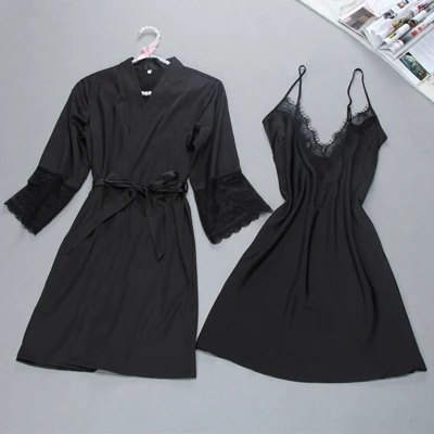 Fiklyc, брендовый сексуальный женский халат и платье, наборы, двойной халат+ Мини Ночная рубашка, две части, пижамы, Женский комплект для сна из искусственного шелка - Цвет: black set
