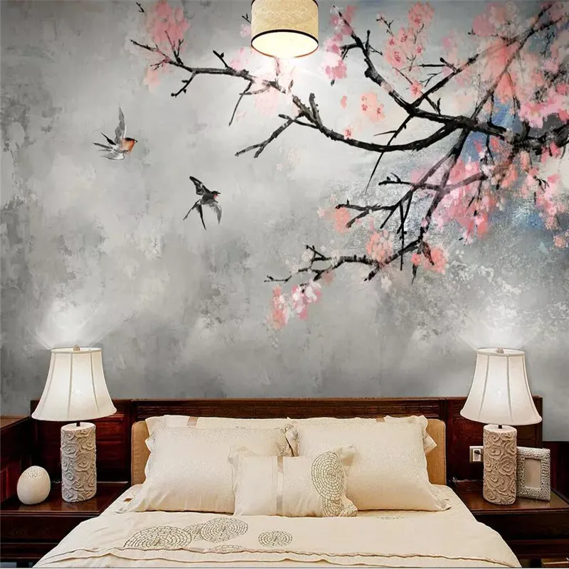 

Sakura hand-painted flowers and birds background wall professional production mural wallpaper custom poster photo wall