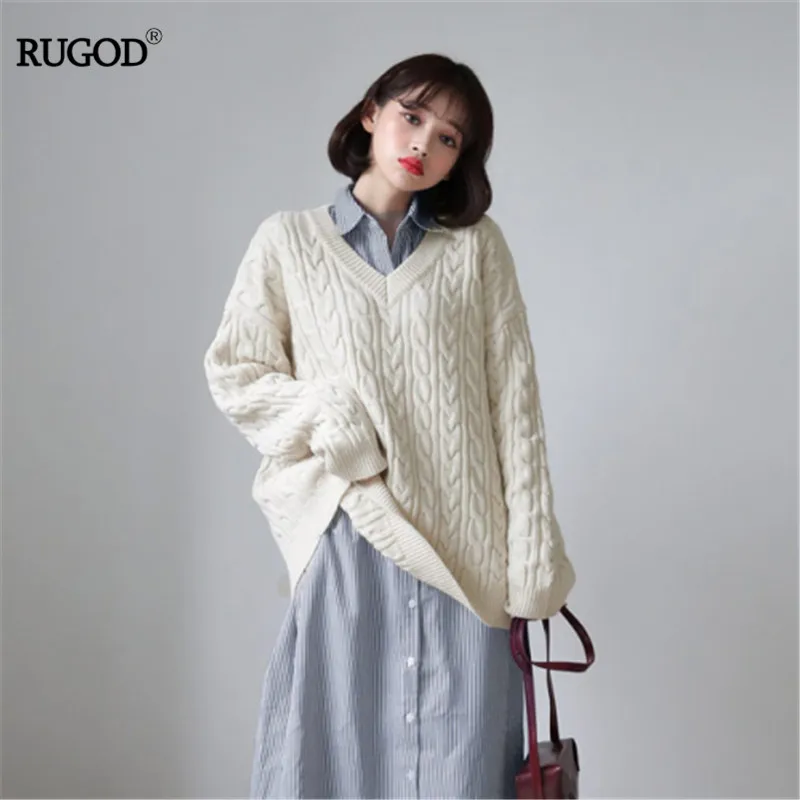 

RUGOD V-Neck Sweater Solid Hemp Pattern knitted Sweater Sweet Gril 2019 New Truien Dames