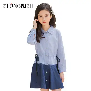 

Teenage girls long sleeve dress school style autumn winter frocks for girls striped cotton shirt dresses age for 8 - 16Yrs