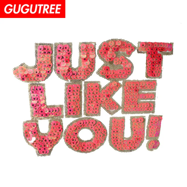 

GUGUTREE embroidery Sequins big just patches letter patches badges applique patches for clothing XC-447