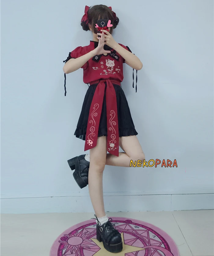 Ninjia Cat Kongfu/милый комплект из 3 предметов в стиле Лолиты для девочек: Красная футболка с короткими рукавами в китайском стиле+ черные шорты+ пояс с вышивкой