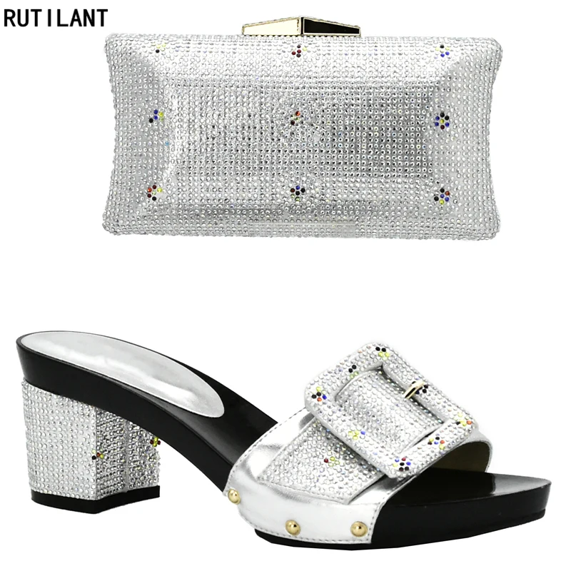 

New Sliver Color Nigerian Shoes and Matching Bags Italian Shoes with Matching Bags for Wedding Italy Wedding Shoes and Bag Set