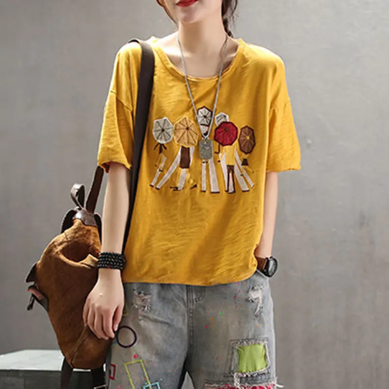

Borisovich Plus Size Women Casual Cotton T-shirt New 2019 Summer Fashion Cartoon Embroidery Comfortable Female Tops Tees P013