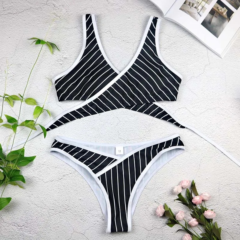 

2018 Women Sexy Push Up Swimsuit Striped Bikini Set Low Waist Swimwear Patchwork Bandage Swimming Suit Summer Bathing Suit 3365