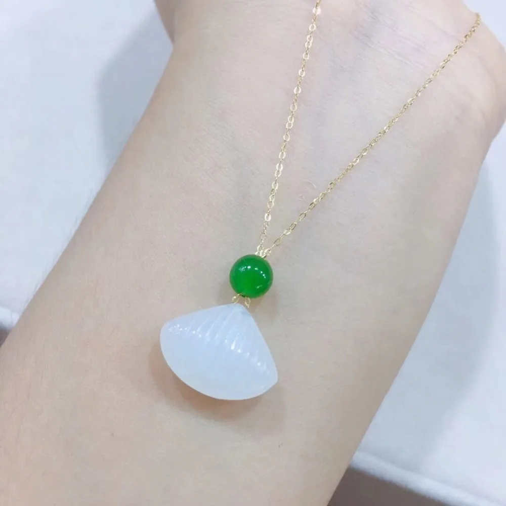 

Zhe Ru Jewelry 14k gold inlaid natural Hetian white jade white jade shell pendant with 6m jasper necklace sexy clavicle chain