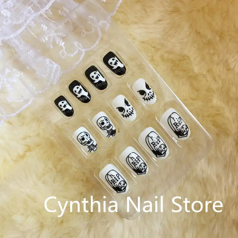 Kawaii Skull False Nails Halloween Style Artificial Nails White Nail With Black Skull On Fingernails Halloween Nail Art Gifts Aliexpress