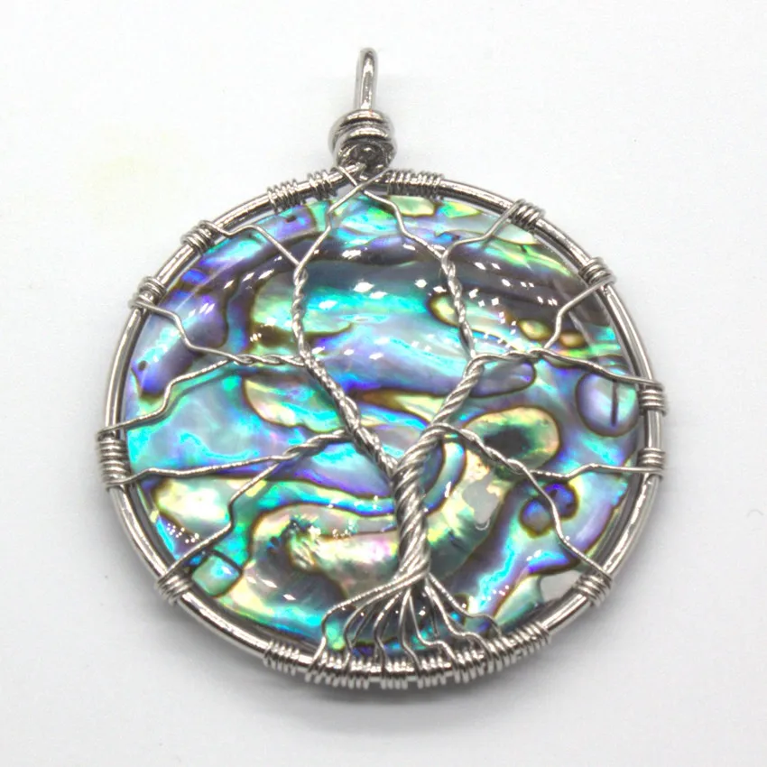 

FYJS Unique Silver Plated Wire Wrap Abalone Shell Round Pendant Tree of Life Jewelry